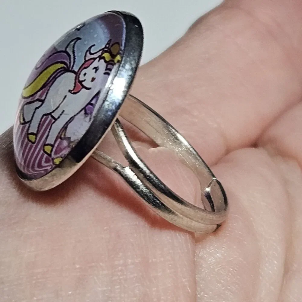 Silver Tone Carbochon Pastel Pink Blue Purple Unicorn Adjustable Ring